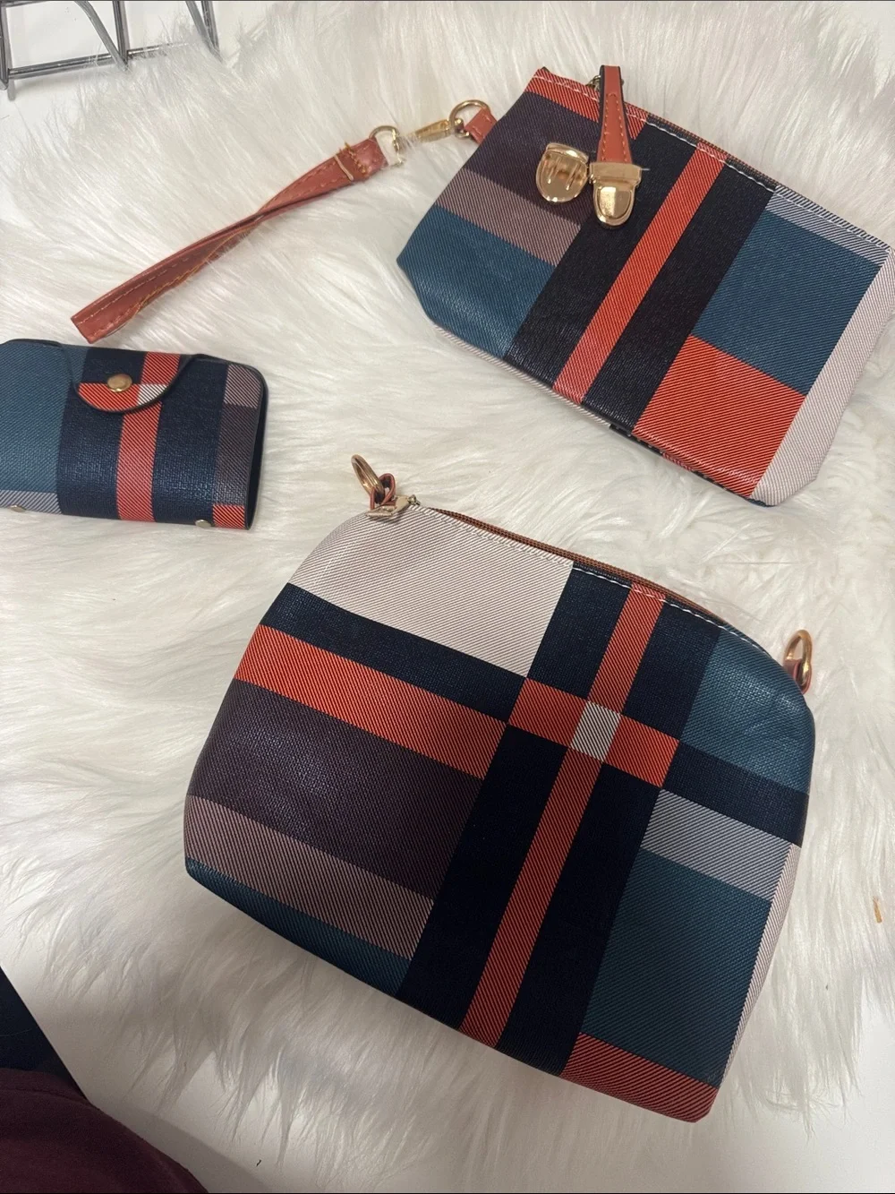 Women’s Tan Plaid Crossbody Bag with Gold Accent